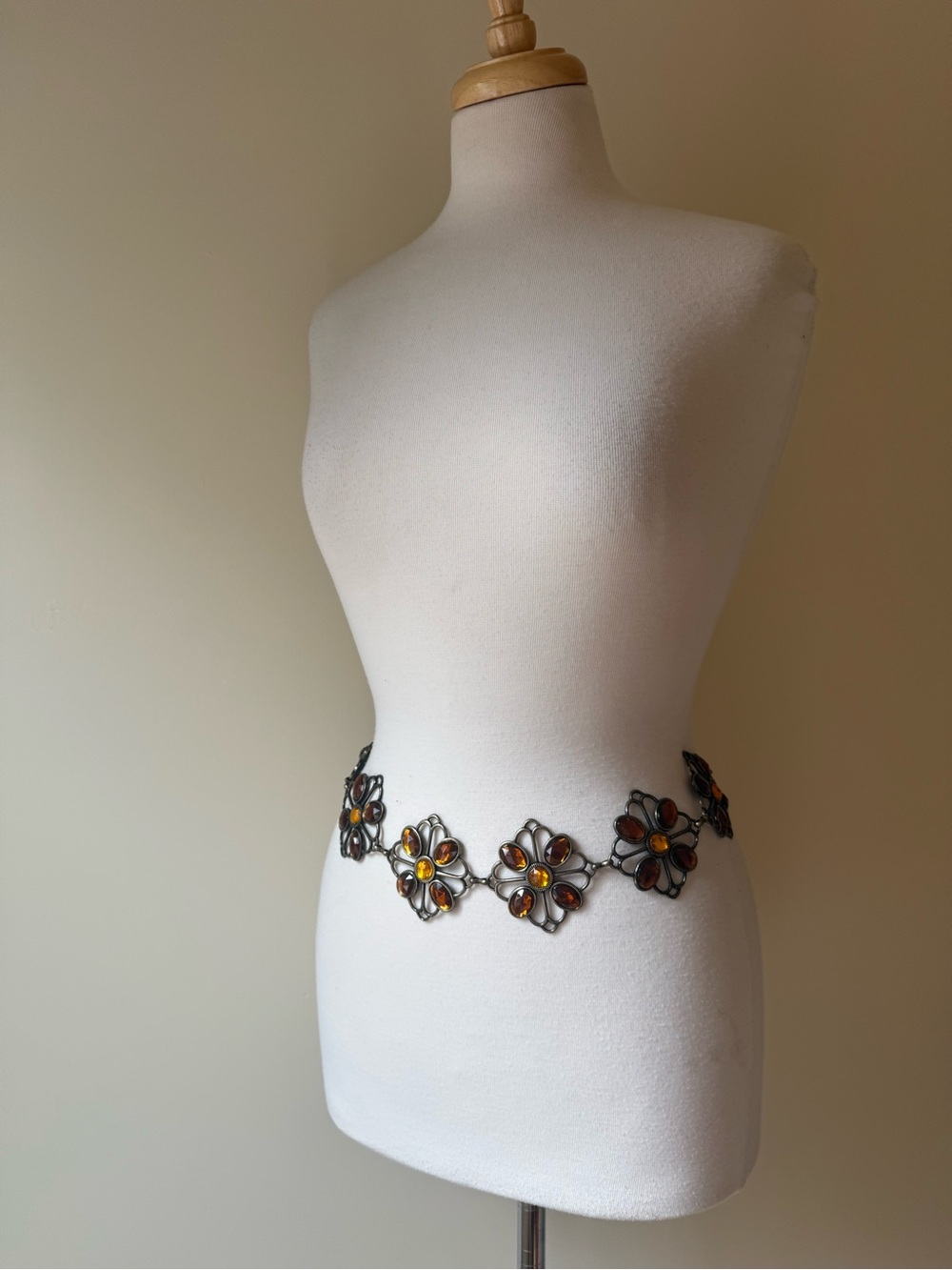 Vintage Amber Rhinestone Flower Chain Belt Y2K Boho